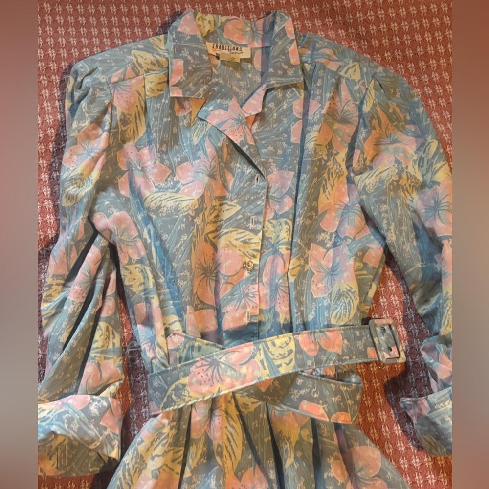 VINTAGE Pastel Floral Print Belted Women's Dress GOLDEN GIRLS 80s SIZE 10 - Picture 3 of 12